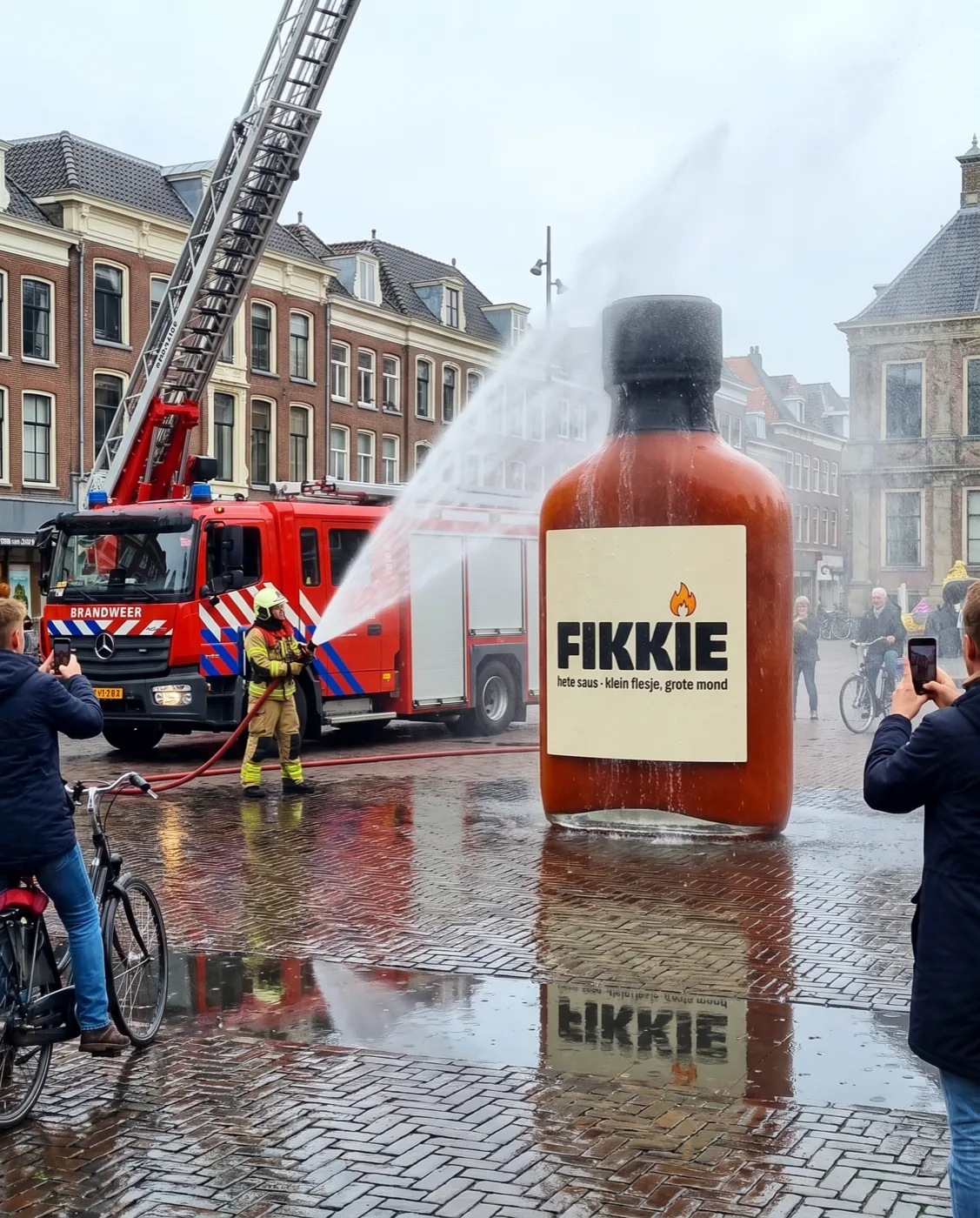 FOOH-installatie voor FIKKIE — brandweer blust een reuzenfles hete saus op straat