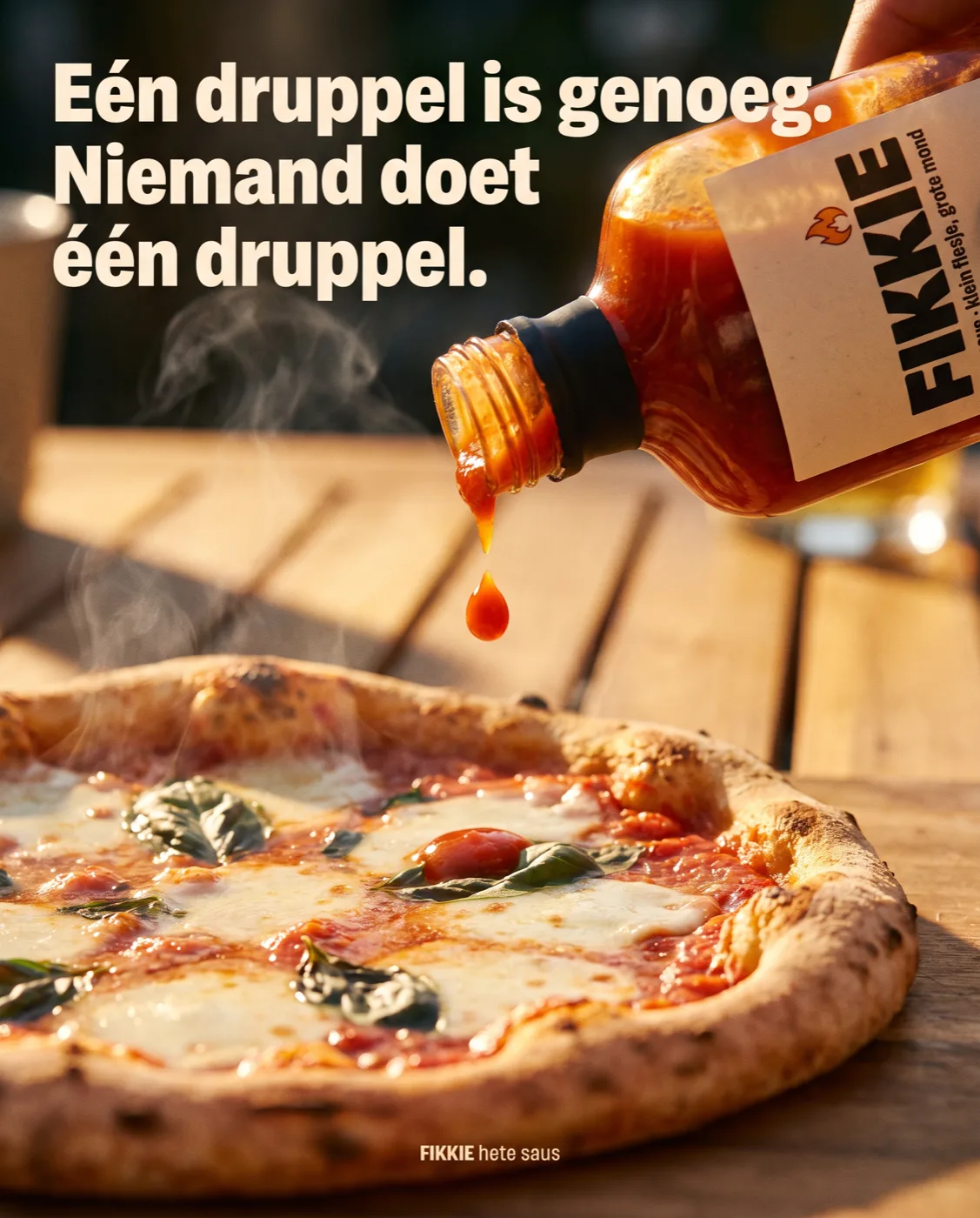 Eén druppel FIKKIE valt op een pizza — niemand doet één druppel