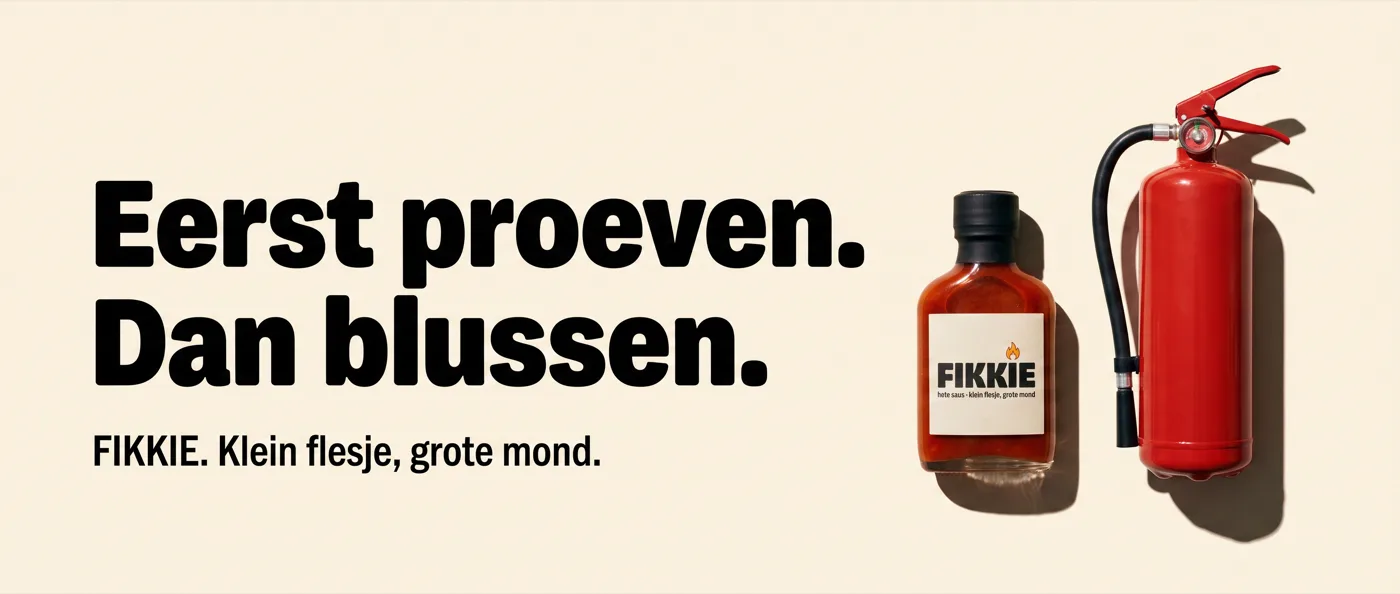 Brede OOH voor FIKKIE — Eerst proeven, dan blussen, met brandblusser naast het flesje