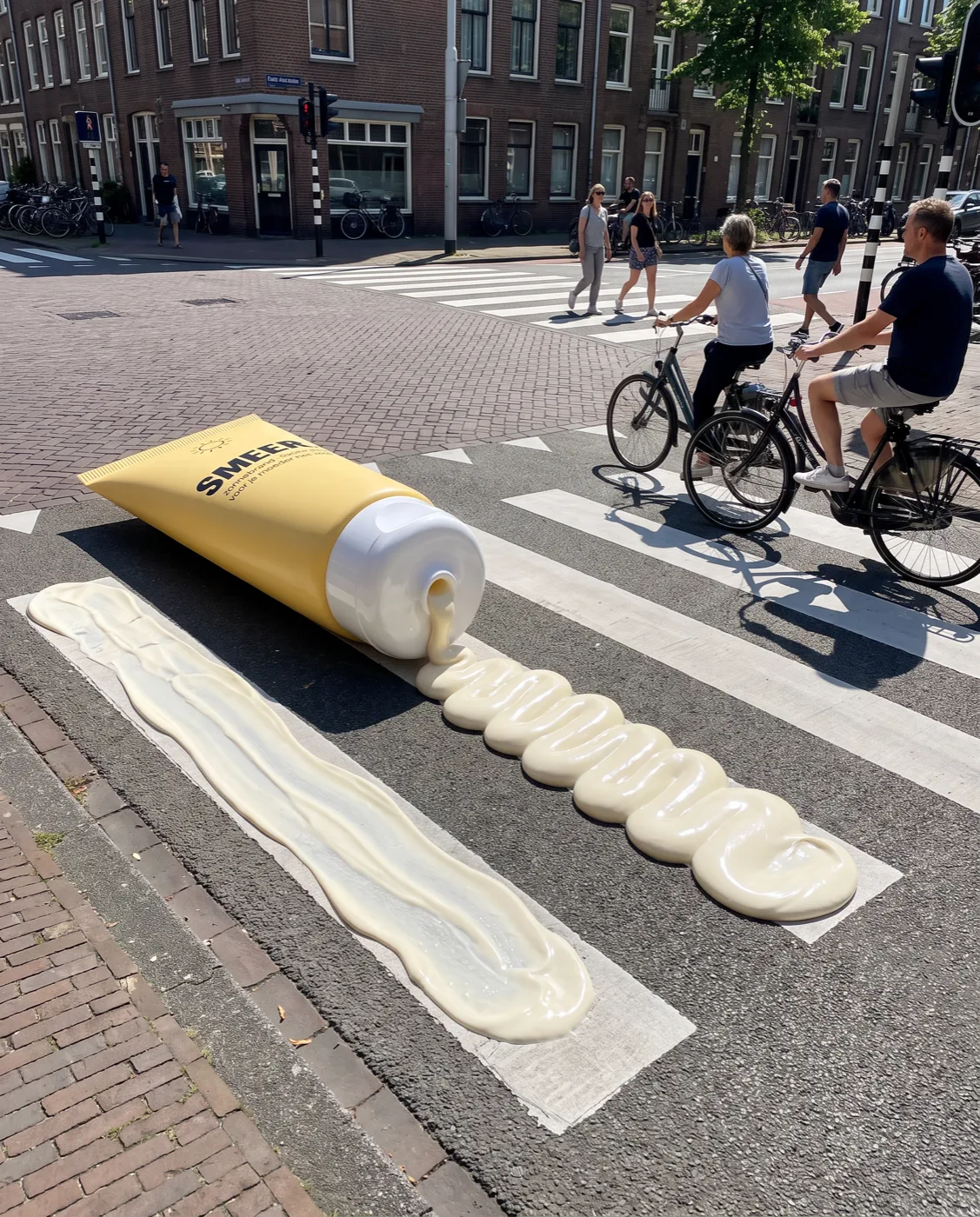 FOOH-installatie voor SMEER — reuzentube zonnebrand uitgesmeerd over een zebrapad