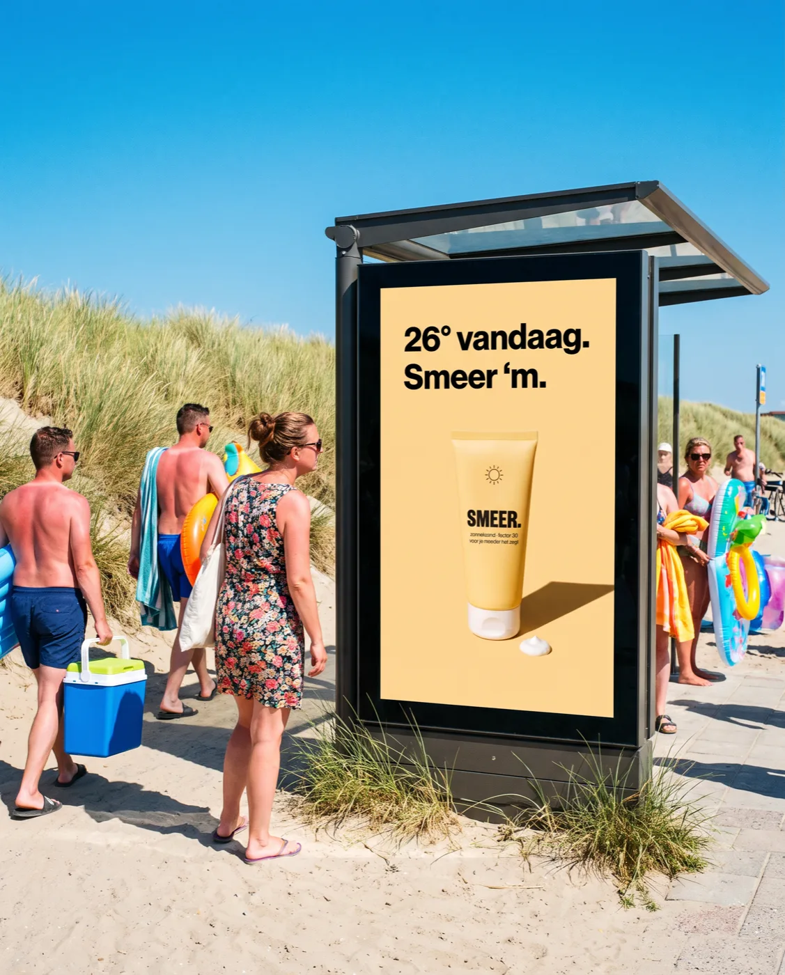 Digitale abri bij een strandopgang — 26 graden vandaag, Smeer 'm