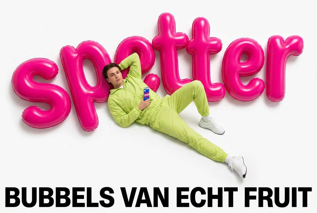 Opgeblazen roze ballonletters spellen spetter, met BUBBELS VAN ECHT FRUIT eronder